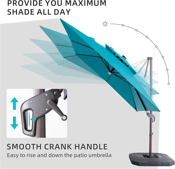 JZAC & QZYD 9x9 FT Outdoor Cantilever Patio Umbrella with Base Included and Solar LED Lights, Large Heavy Duty 2-Tier Square Aluminum Offset Umbrellas with 360-Degree Rotation for Pool Deck, Turquoise