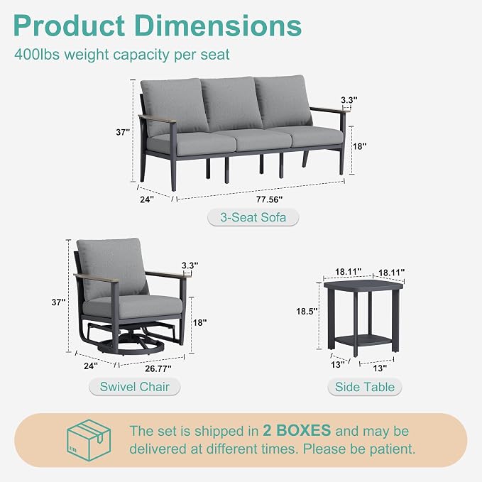 Aluminum Outdoor Patio Furniture Set 5-Seat, Patio Conversation Set Sectional Furniture Set with Swivel Rocking Chairs High Backrest & Thickened Cushions for Garden, Backyard, Poolside, Grey
