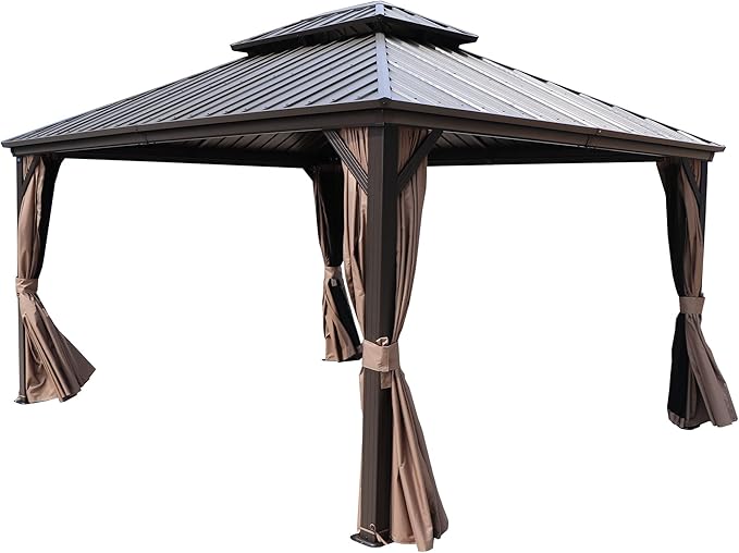 Kozyard Caesar 12'x14' Hardtop Gazebo - Permanent Metal Pavilion with Netting and Shaded Curtains for Patio, Backyard, and Deck - Galvanized Steel Outdoor Aluminum Canopy, Double Roof Gazebo (Brown)