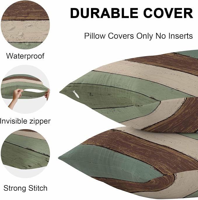 Vandarllin Outdoor Throw Pillow Covers 26X26 Set of 2 Waterproof Sage Green Brown Decorative Zippered Cushion Covers for Patio Furniture, Farmhouse Retro Rustic Barn Wood Texture Lumbar Pillowcases