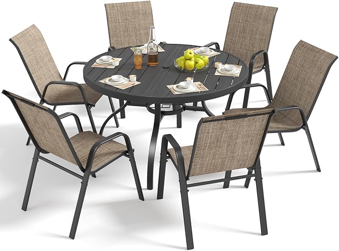Outdoor Patio Dining Set for 6, 7 Pieces Patio Table and Chairs Set with Umbrella Hole, 47"x 47" Round Metal Wood-Grain Dining Table Set with 6 Stackable Patio Chairs for Deck , Backyard, Porch