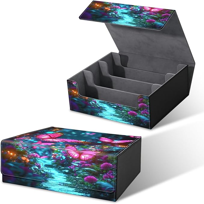 Large Card Deck Box for MTG, Fits 1200+ Sleeved Cards, PU Leather Storage Case with Strong Magnetic Closure, Multiple Colors for TCG CCG Baseball Card Collections, Pink Butterfly Forest
