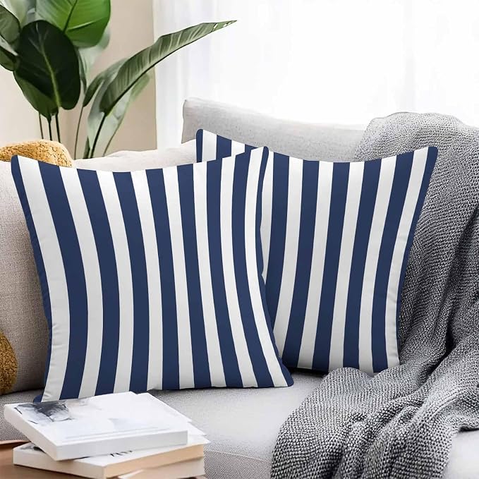 Navy Blue Striped Outdoor Waterproof Throw Pillow Covers 26x26 Set of 2, Modern Farmhouse Blue White Stripes Decorative Pillowcases Cushion Pillowcase for Couch Sofa Patio Outside Pillow Protector
