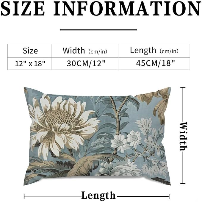 Spa On Flax Blue Chinoiserie Rectangular Cushion Cover Grey Peony Asian Pillowcase 12x18in Abstract Accent Farmhouse Decor Pillow for for Living Room Bed Farmhouse Patio
