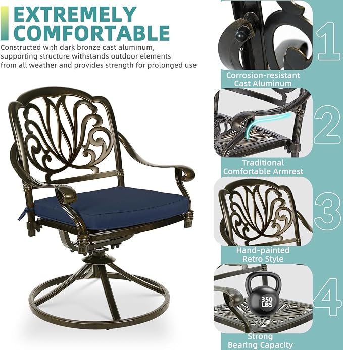 MEETWARM Outdoor 9-Piece Patio Dining Set, All-Weather Cast Aluminum Patio Conversation Set- 8 Cushioned Swivel Rocker, 61" Round Patio Dining Table w/Detachable Lazy Susan/Umbrella Hole, Navy Blue
