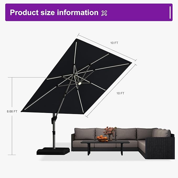 PURPLE LEAF Patio Umbrella with base 10 Feet Outdoor Square Cantilever Umbrella Solar Powered LED with 360-degree Rotation for Garden Deck Pool Patio, Grey