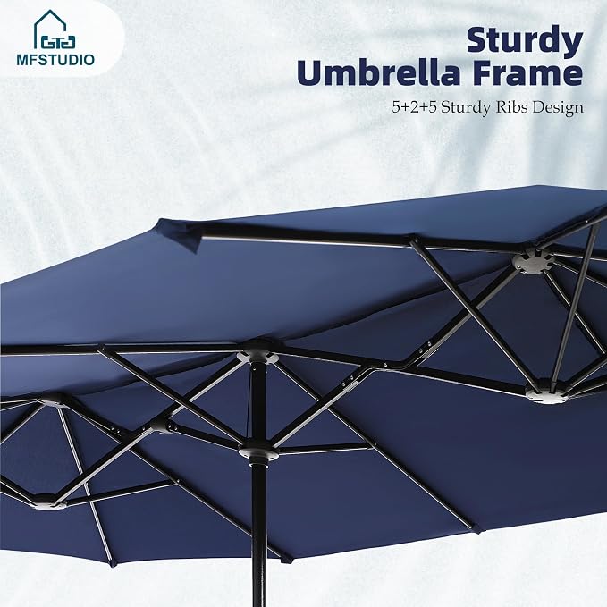 MFSTUDIO Outdoor Dining Set with Umbrella, Patio Dining Set for 6 Persons, Patio Furniture Set with 1 Rectangular Table Fixed Chairs 2 Swivel Chairs & Navy Blue Umbrella (Base not Included)