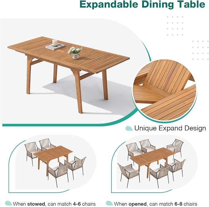 Patiorama 7-Piece Outdoor Dining Set, Patio Wicker Dining Table Chair Set with 55"-71" Acacia Wood Expandable Table & Embossed Rattan Wicker Rope Chairs, Dining Table Chair Set for Yard Garden, Beige