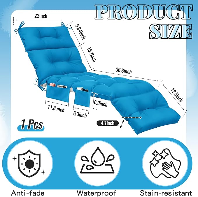 Kigley 2 Pcs Outdoor Chaise Lounge Cushions with 3 Side Pocket 74.5 x 22 x 4.7 Inch Patio Chaise Lounge Cushion, Water-Repellent and Fade-Resistant Tufted Summer Replacement(Blue)