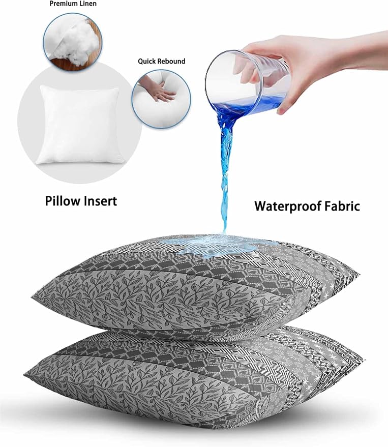 Waterproof Outdoor Pillow 1 Pack Grey Bohemian Decorative Throw Pillows Cover & Insert 20x12 Inch Lumbar Pillowcase Boho Style Floral Leaves Geometric Pillows for Couch Sofa Bed Patio Furniture