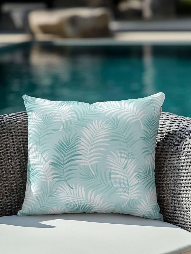 Waterproof Outdoor Pillow 1 Pack Aqua Tropical Palm Leaves Decorative Throw Pillows Cover & Insert 16x16 Inch Pillowcase Summer Jungle Foliage Pillows for Couch Sofa Bed Patio Furniture Indoor Outdoor