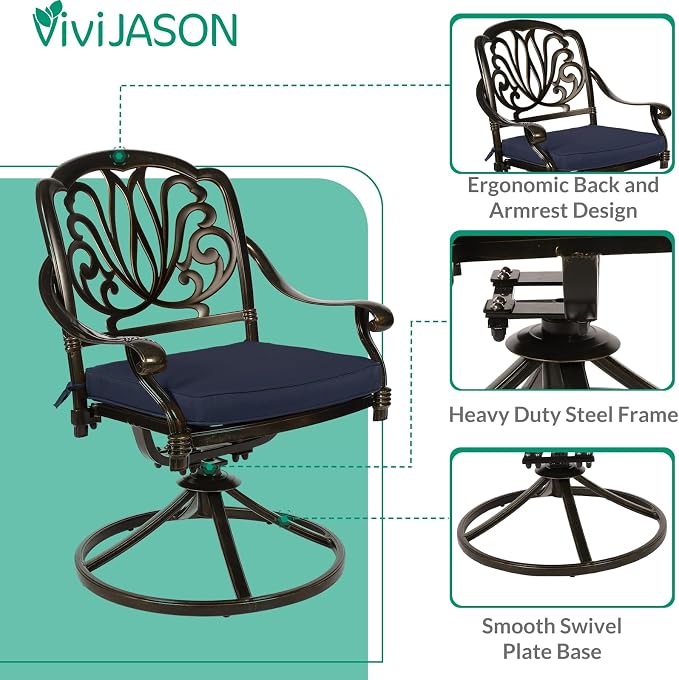 VIVIJASON 9-Piece Outdoor Dining Set, Cast Aluminum Retro Patio Furniture Table and Chairs Set for 8, Include 94.5" Rectangular Table and 8 Swivel Rocker Chairs with Umbrella Hole, Navy Blue Cushion