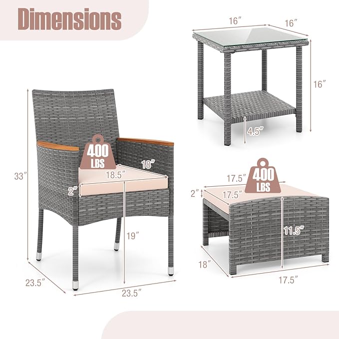 Tangkula 5 Pieces Patio Conversation Set, Outdoor PE Rattan Chairs with Soft Cushions, Ottomans & Tempered Glass Top Table, Acacia Wood Armrests, Patio Furniture Set (Mix Grey+Beige)