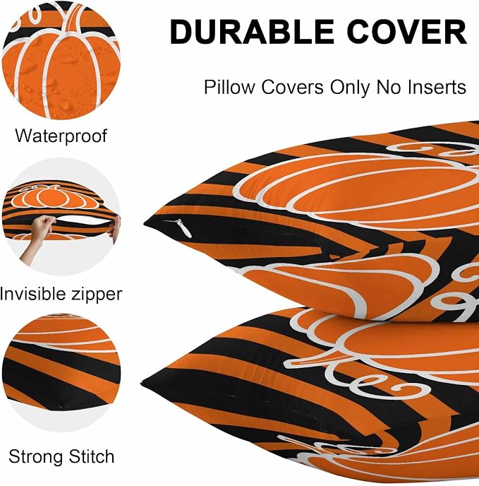 Orange Pumpkins Outdoor Waterproof Pillow Covers, Autumn Black Stripes Farmhouse Decorative Square Throw Pillowcase Sofa Cushion Sham for Patio/Couch/Chair, 26"x26" 2 Pack