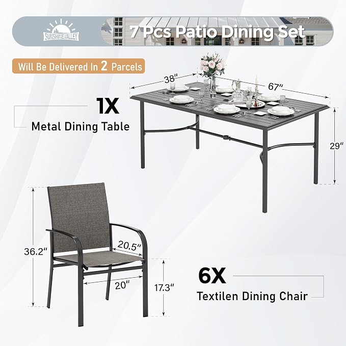 SUNSHINE VALLEY 7 Piece Patio Dining Set for 6, Rectangular Metal Dining Table with Umbrella Hole and 6 Chairs, Outdoor Table and Chairs Set for Lawn Backyard and Deck, Brown