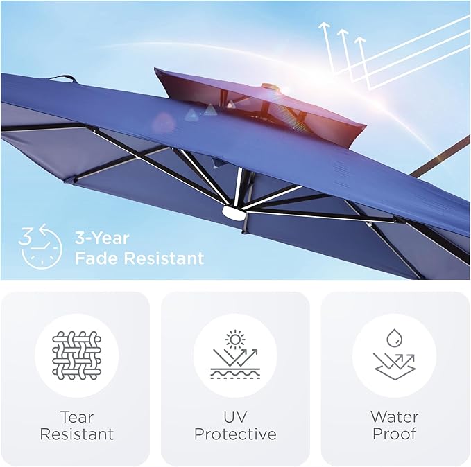 9' X 12' Patio Umbrella with LED Lights Outdoor Cantilever Large Rectangle Offset Umbrellas Heavy Duty Aluminum Double Top with 360-degree Rotation for Pool Garden Deck, Navy