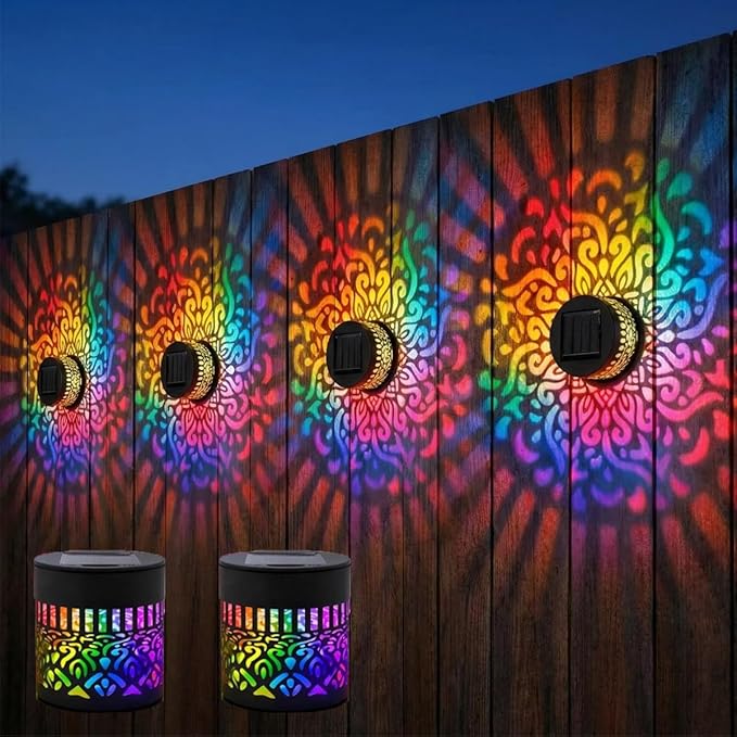 Lscsdf Seven-Color Changing Solar Mandala Projection Wall Light Decorative Solar Mandala Lights Outdoor Waterproof Metal Fence Lights for Yard Garden Post Patio Backyard Decor (2pcs)