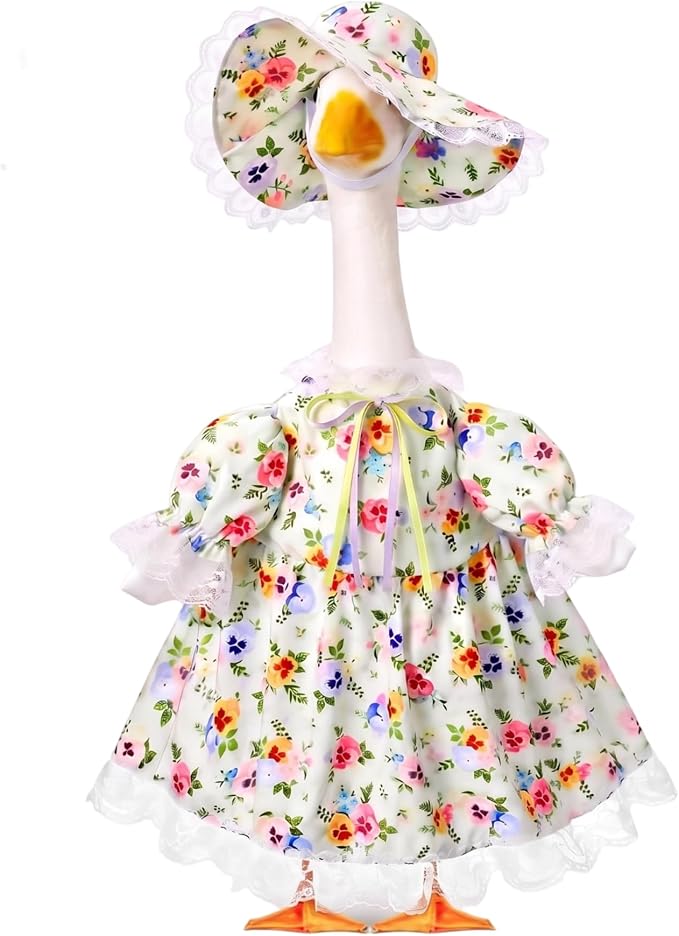 FuWeave Summer Porch Goose Outfit for 17" Floral Skirt Lawn Goose Costume Clothes for Outdoor Patio Yard Lawn Art Decoration