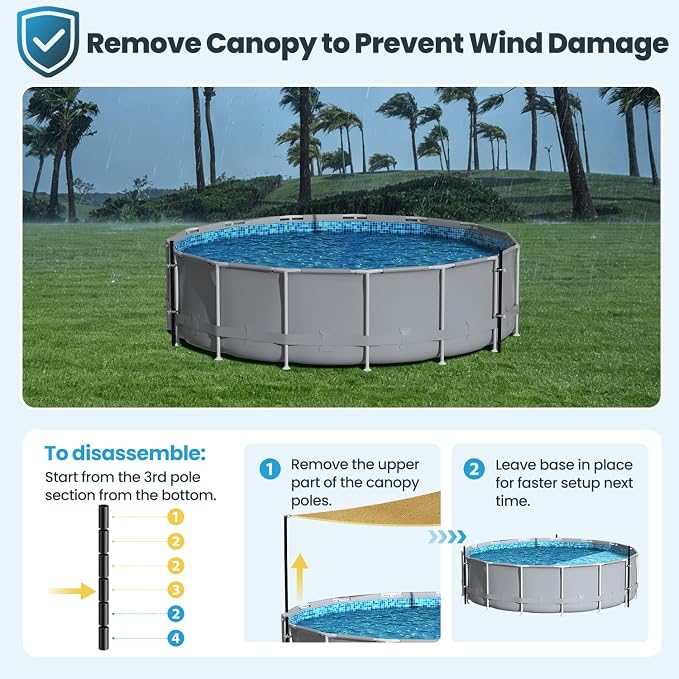 Above Ground Pool Shade Set with Storage Tray – UV-Resistant Shade Sail for 15-22 Ft Pools, Outdoor Triangular Canopy with Sun Shade Poles for Deck, Backyard & Pool Essentials (13x13x13 Ft)