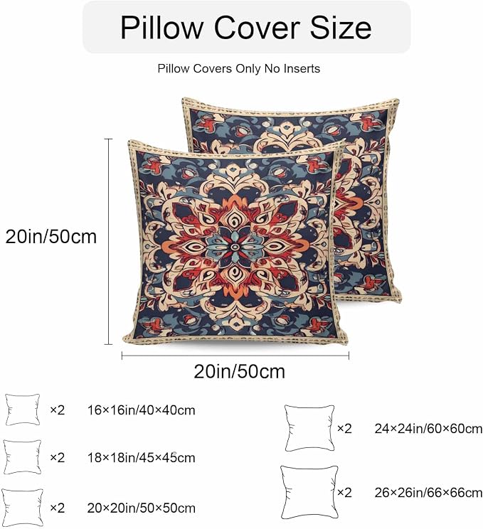 Bohemian Waterproof Outdoor Pillow Covers Set of 2 Home Decor, Blue Retro Boho Ethnic Farmhouse Colorful Pillowcase Patio Pillow Covers for Couch Bench Furniture Garden 16x16in