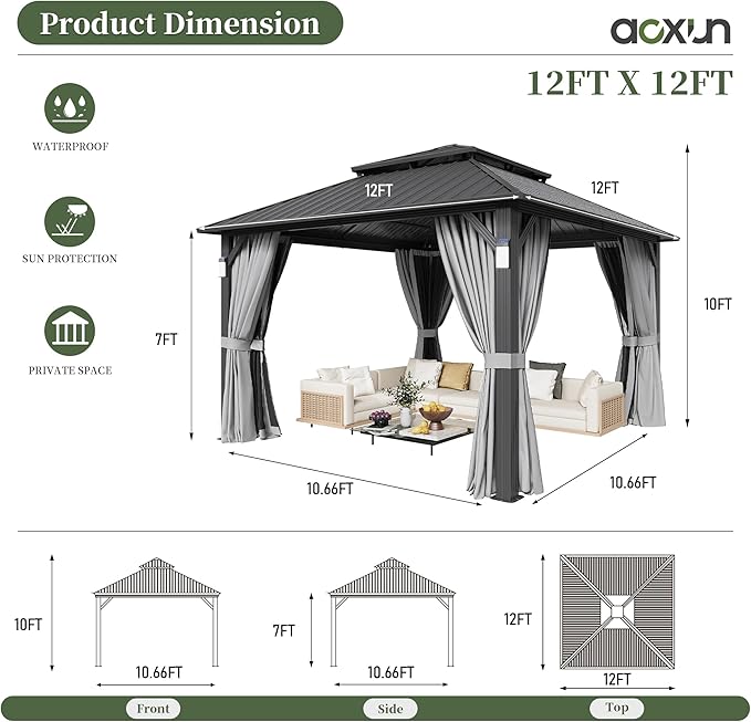 Aoxun 12'x12' Hardtop Gazebo with 4 LED Lights, Outdoor Gazebo with Galvanized Steel Double Roof, Patio Gazebo with Breathable Netting & Privacy Curtain, Decor Hooks for Backyard, Gray