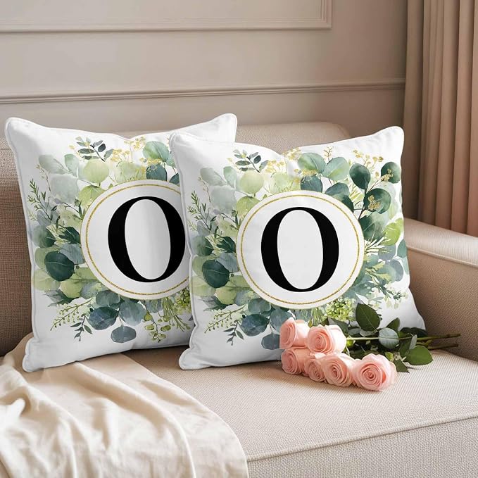 Letter O Waterproof Outdoor Pillow Covers Set of 2 Home Decor, Alphabet Green Eucalyptus Leaves Pillowcase Patio Pillow Covers for Couch Bench Patio Furniture Garden 16x16in