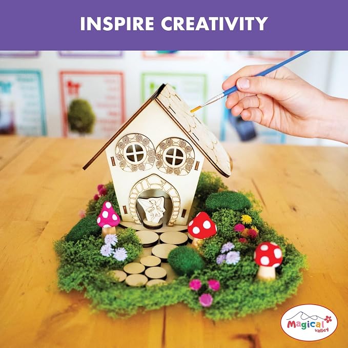 Fairy House Craft Kit for Kids, DIY Wooden Fairy Garden Kit with Paints & Decorations, Arts & Crafts for Kids, Creative Activity, Birthday Gift for Girls Ages 5 6 7 8–12