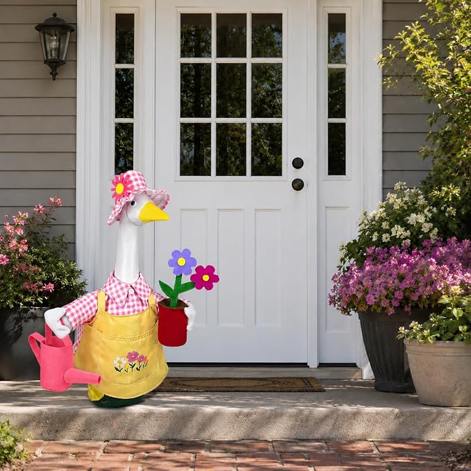 23 Inch Spring Gardener Porch Goose Outfit, Lawn Goose Costume with Floral Hat, Watering Can & Potted Flower Prop, Fits Plastic Goose Statue, Outdoor Yard Lawn Decor