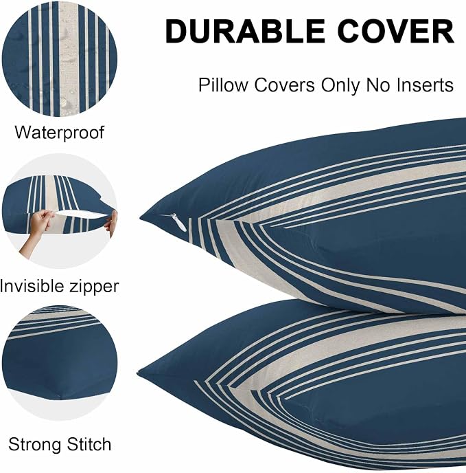 Outdoor Waterproof Pillows Cover Pack of 2 Modern Blue Striped Burlap Texture Decorative Pillowcases with Zipper Cushion Case for Patio Tent Couch Garden 18 x 18 Inches