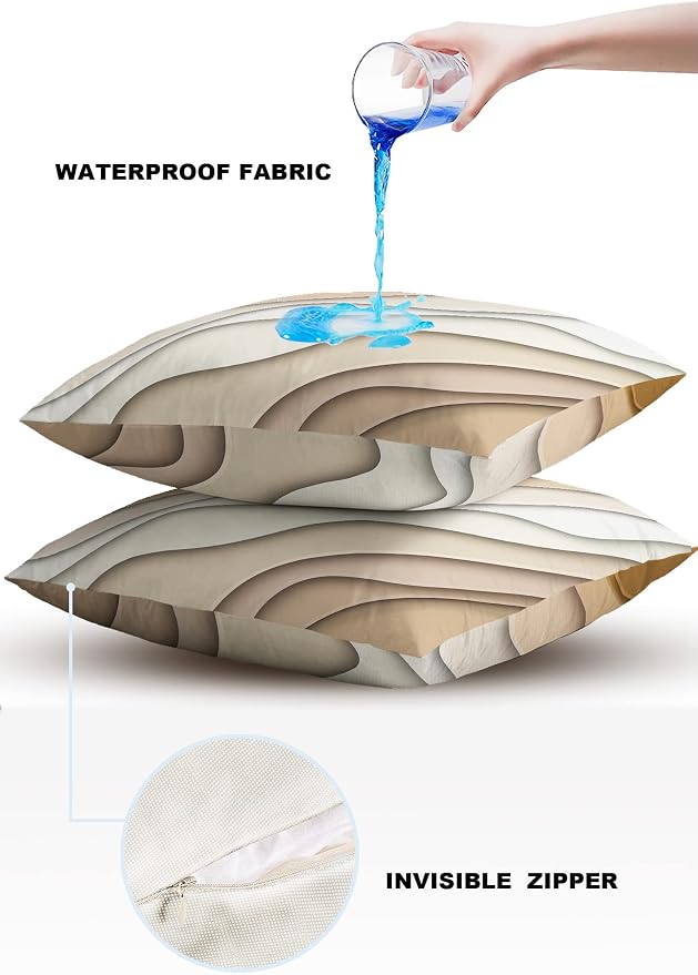 Outdoor Waterproof Pillow Covers for Patio Furniture Brown Modern Geometric Decorative Throw Pillow Cover Abstract Beach Wave Pillowcases Set of 2 Cushion Case for Sofa Couch 20 x 20 Inches