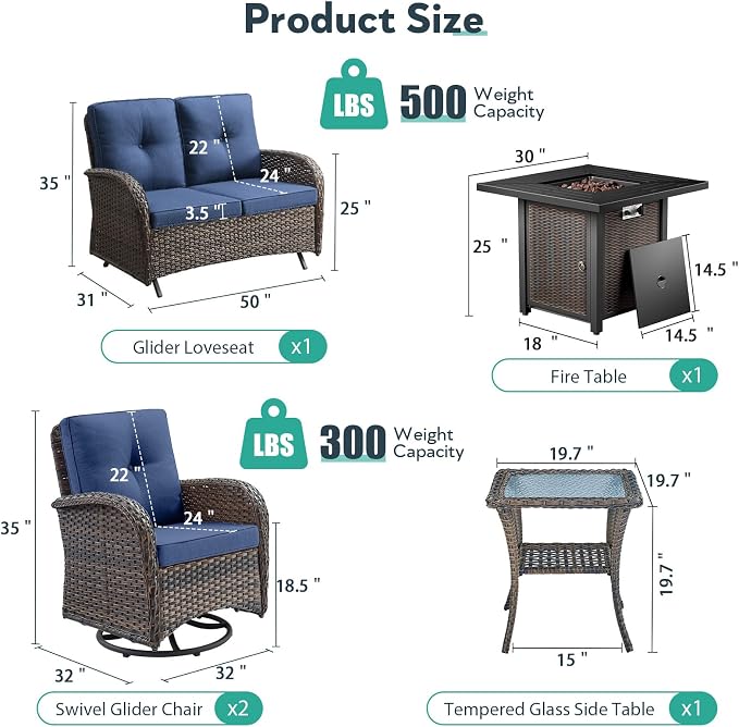 5 Piece Patio Furniture Set with Fire Pit Table - Wicker Patio Conversation Set with Swivel Glider, Glider Loveseat, Tempered Glass Side Table for Deck Backyard - Brown Wicker Blue Cushion