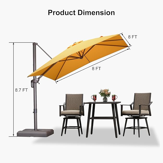 PURPLE LEAF 8' X 8' Cantilever Patio Umbrella Antique Bronze Square Umbrella with 360° Rotation and Aluminum Offset Hanging Outdoor Umbrella for Pool Garden Backyard Deck, Yellow