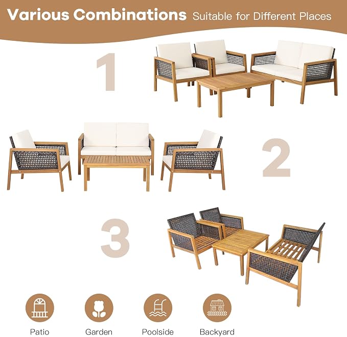 4 Pieces Outdoor Acacia Wood Furniture Set, PE Wicker Conversation Set with Coffee Table and Soft Cushions, Sofa for Garden, Poolside and Backyard (1, Off White)