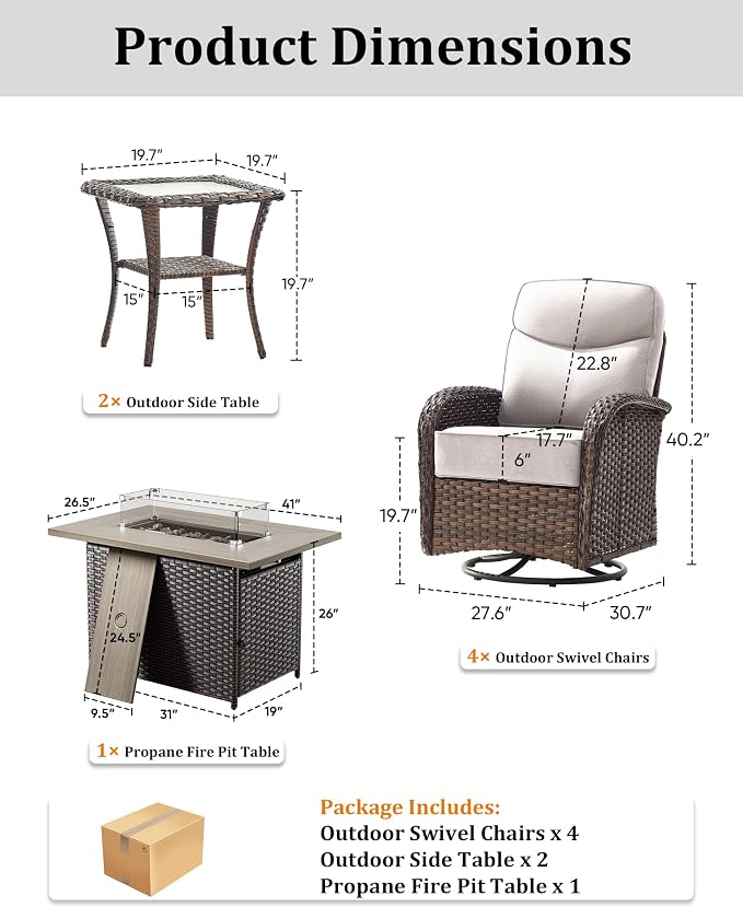 7-Piece Luxury Patio Furniture Set with 6-Inch Thick Cushions, High-Back Outdoor 4 Swivel Rocking Chairs with Wicker 42" Fire Pit, All-Weather Conversation Set for Porch, Deck, Yard or Poolside Beige
