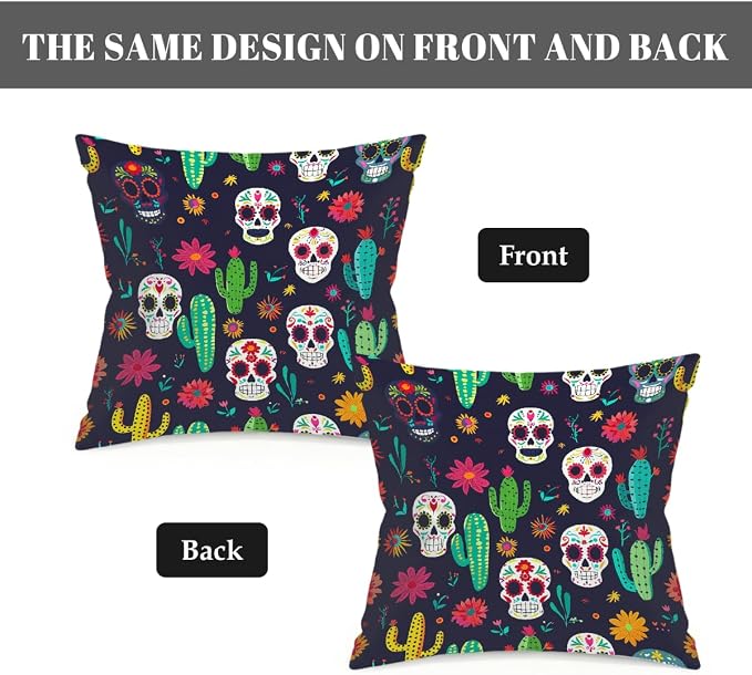 16x16 Inch Outdoor Pillow Covers Set of 2 Waterproof Throw Pillow Covers Decorative Couch Cushion Covers Mexican Skulls Cacti Flowers Square Pillowcases Protectors for Patio Garden Sofa