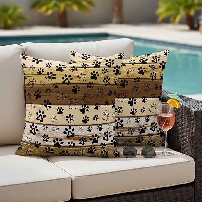 Outdoor Pillow Covers,Dog Paw Print Decorative Throw Pillow Cover Waterproof Pillowcase Set of 2,Linen Cushion Case for Sofa Couch Bed 26x26 Inch,Farm Vintage Brown Wood Board
