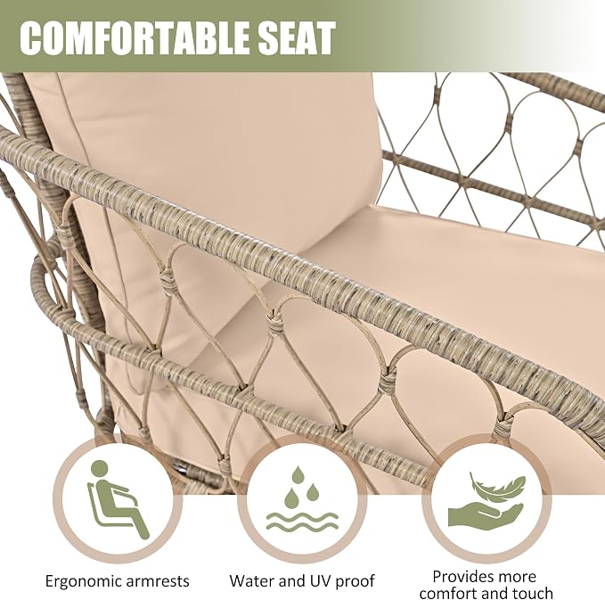 LUMISOL 4 Piece Patio Furniture Set, Outdoor Seating Group with Removable Cushions and a Coffee Table with Wooden Table Top, All Weather Patio Conversation Set for 4 Persons, Beige