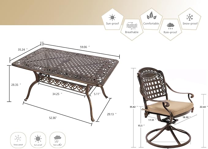 Grepatio 7 Piece Patio Dining Set Outdoor Dining Set Cast Aluminum Furniture Set with 6 Swivel Dining Chairs and Dining Table for Backyard Garden Deck Poolside (Grid Khaki)