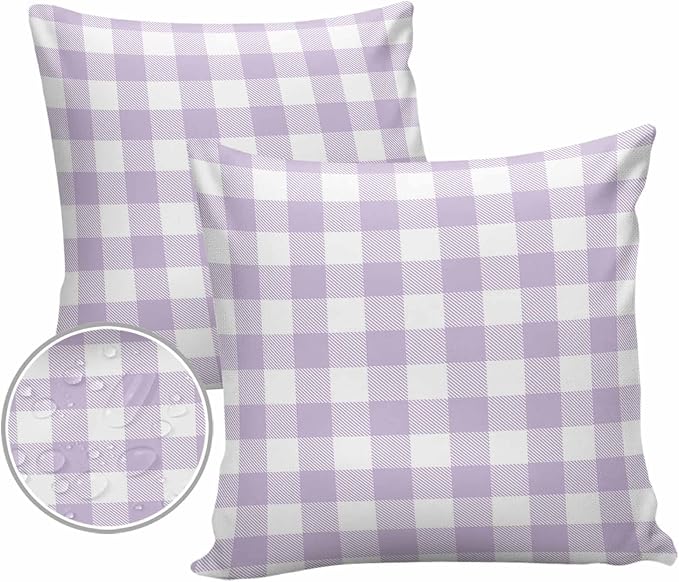 Outdoor Waterproof Throw Pillow Covers Set of 2 Lavender Buffalo Check Plaid Pillowcases 26x26 Inches Farmhouse Style Patio Decorative Pillows Cushion Case Patio Pillows for Couch Bed Chair Garden