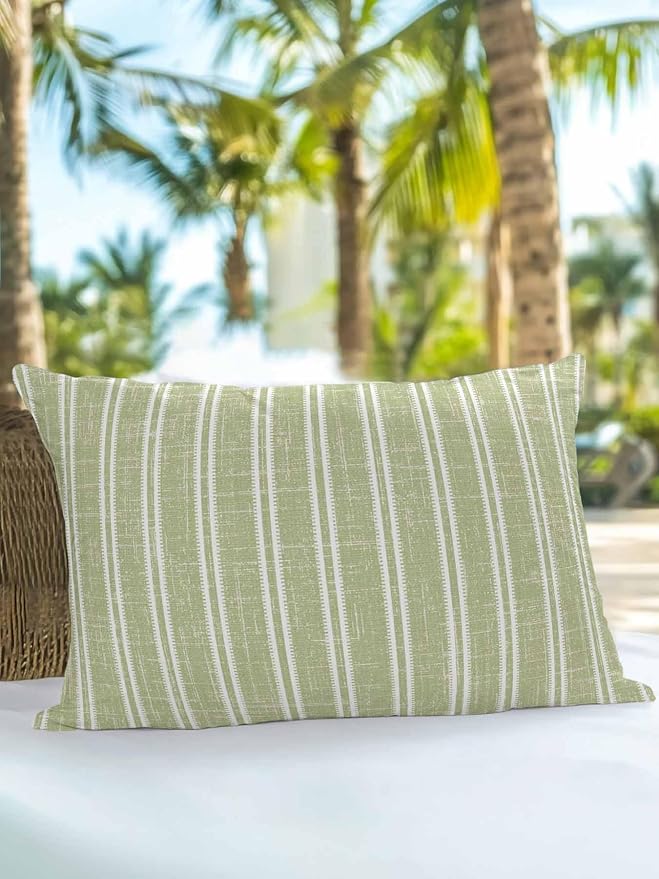 Waterproof Outdoor Pillow 1 Pack Sage Green Linen Striped Decorative Throw Pillows Cover & Insert 20x12 Inch Lumbar Pillowcase Vertical Stripes Lines Pillows for Couch Sofa Bed Patio Furniture
