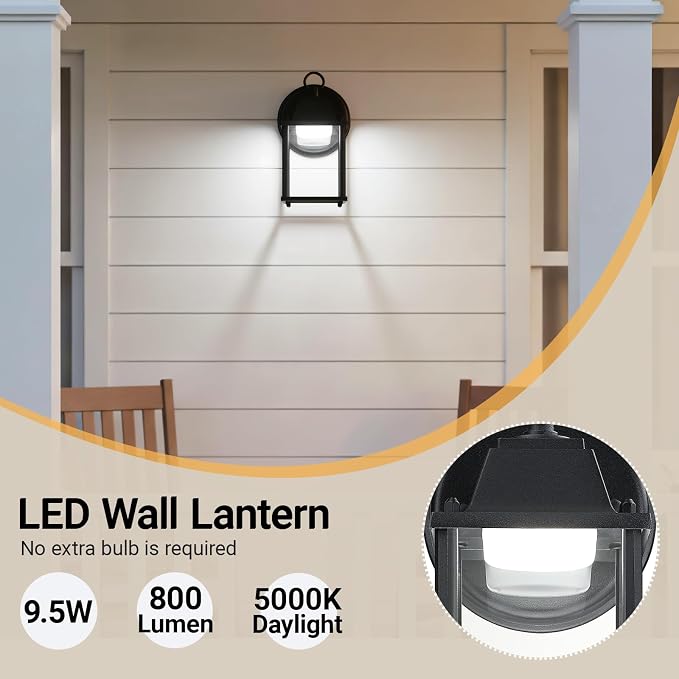 Outdoor Wall Light Fixture, Rustproof Aluminum, Clear Glass, LED | Exterior Porch Light Wall Sconce Lantern for House, Patio, Garage, Waterproof Anti-rust, 9.5W 800 Lumen, 5000K, Black, 2 Pack