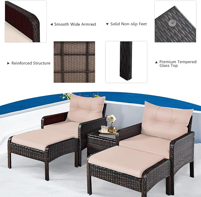 HAPPYGRILL 5-Piece Patio Furniture Set Outdoor Rattan Wicker Conversation Set with Coffee Table Cushioned Sofas and Ottoman Chat Set for Garden Backyard
