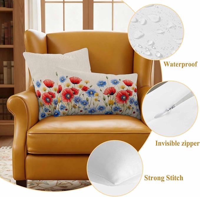 Red Flower Waterproof Outdoor Pillow Covers Set of 2 Home Decor, Blue Garden Blossom Floral Independence Day Pillowcase Patio Pillow Covers for Couch Bench Furniture Garden 20x12in