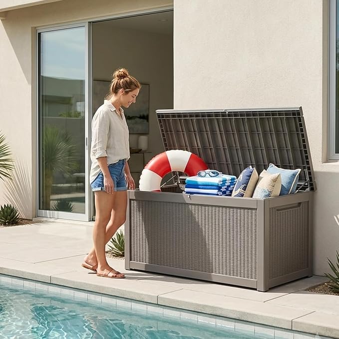 320 Gallon Outdoor Storage Box, Waterproof Resin Deck Box with Lockable Lid Large Storage Bin for Patio Furniture Cushion, Garden Tools, Pool Accessories UV-Resistant Outside Delivery, Gray