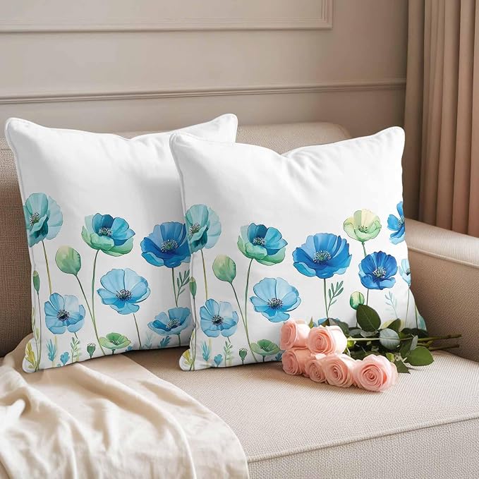 Spring Floral Outdoor Waterproof Throw Pillow Covers Set of 2, 18"x18", Watercolor Blue Poppy Flower Decorative Pillow Covers Outside Cushion Case for Patio Porch Garden