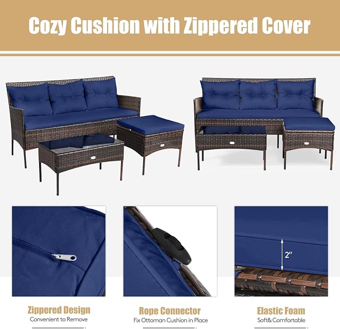 HAPPYGRILL 3 Piece Outdoor Rattan Conversation Set Patio Furniture Set with Tempered Glass Coffee Table, 5 Elastic Seat & Back Cushions, Sectional Sofa Set for Poolside Balcony Backyard