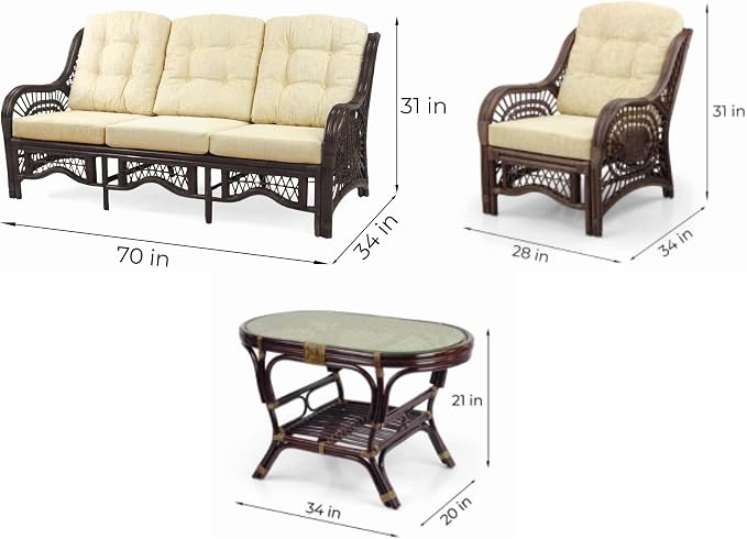 Malibu Lounge Set of 4: 2 Natural Rattan Wicker Chairs, Three-Seater Sofa with Cushions and Coffee Table with Glass Handmade, Dark Brown Color