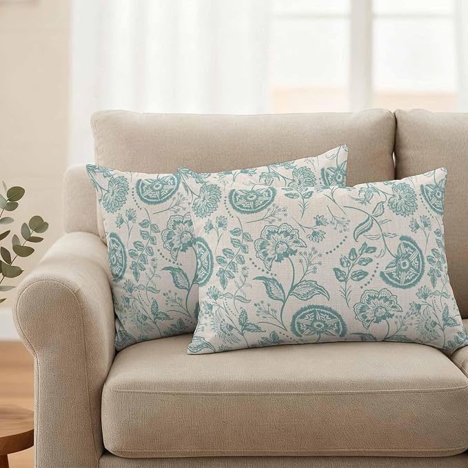 Outdoor Pillow Covers 20x12 Set of 2, Turquoise Spring Floral Waterproof Patio Throw Pillow Covers for Couch Sofa Chair, Farmhouse Retro Summer Botanical Decorative Pillowcases for Throw Pillows
