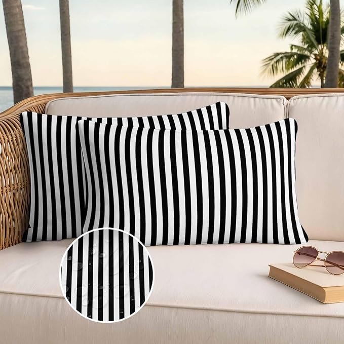 Lumbar Pillow Covers 20x12 Inch Set of 2, Black White Stripe Waterproof Outdoor Cushion Covers, Modern Minimalist Geometric Striped Decorative Pillowcases for Couch, Sofa, Bed, Garden, Patio