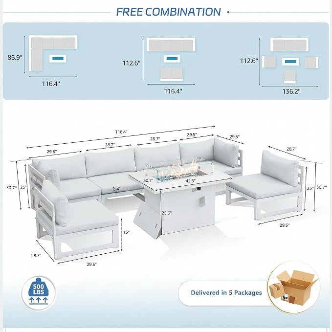 NICESOUL 7 Piece White Powder-Coated Aluminum Patio Furniture with Fire Pit Table, 29 Inch Extra Wide Outdoor Sectional Sofa for 6, High-End Heavy Duty L-Shaped Large Couch for Backyard, Light Gray